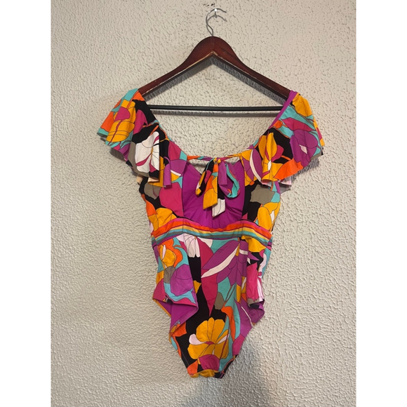 Trina Turk Gemini Floral Ruffle V Neck Tie Back Maillot One Piece Swimsuit Sz 8 - Picture 2 of 5